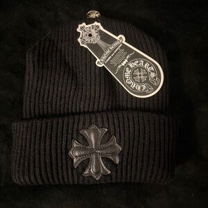 Chrome Hearts Black Ribbed Beanie with Leather Cross Emblem